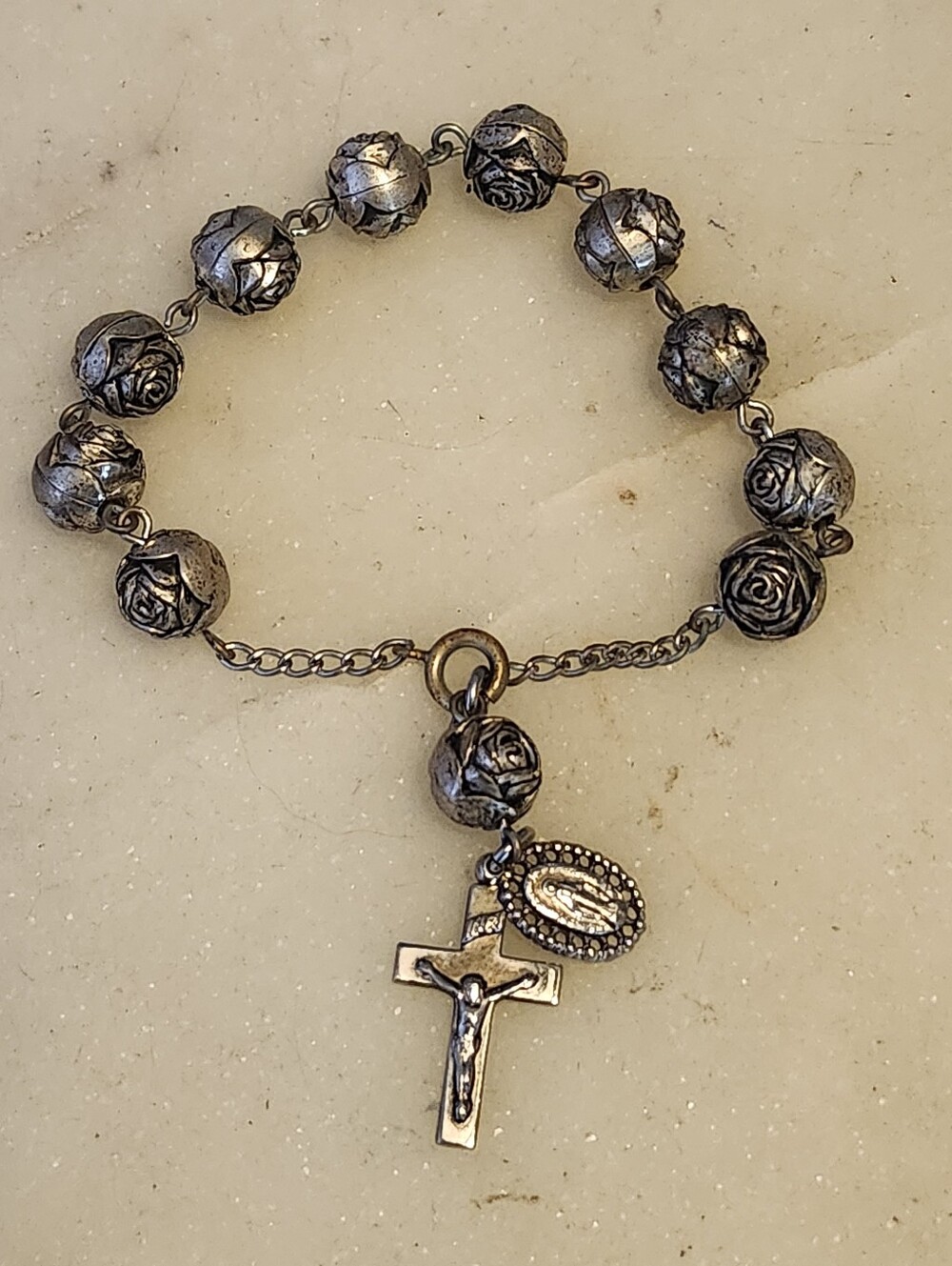 Vtg Sterling-Tone Rosary Bead Bracelet with Crucifix and Medal - 7.5 Inches